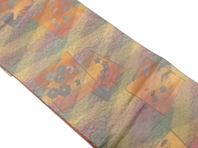 本場筑前博多　色紙に菊・桔梗・笠松模様織り出し　名古屋帯